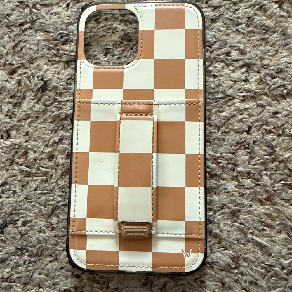 Tan and White Checkerboard Phone Case with strap for Stylish Protection